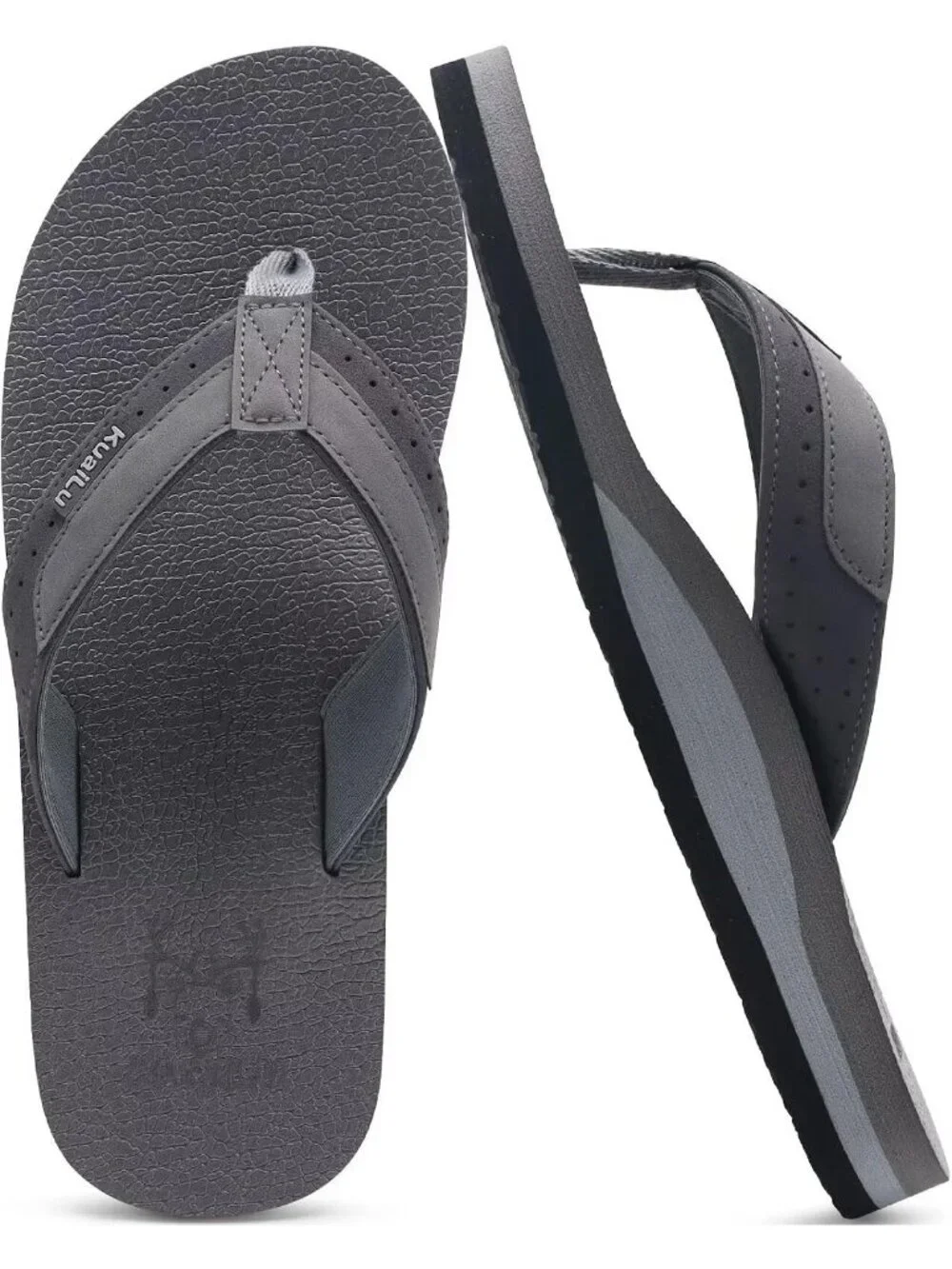 Men's Grey Yoga Mat Leather Flip Flops Slip On Indoor Outdoor Sandal Slipper